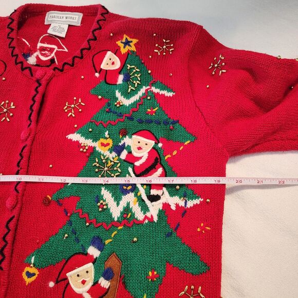 Vtg Parisian Works Christmas Cardigan Santa Christmas Tree Beaded Embellished M - Picture 12 of 12
